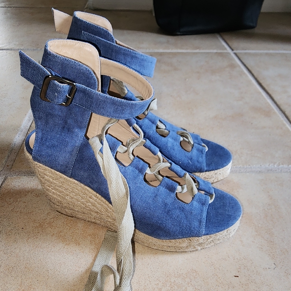 New Castaner Leather lace up Denim look platform Wedge Espadrille Sandals
